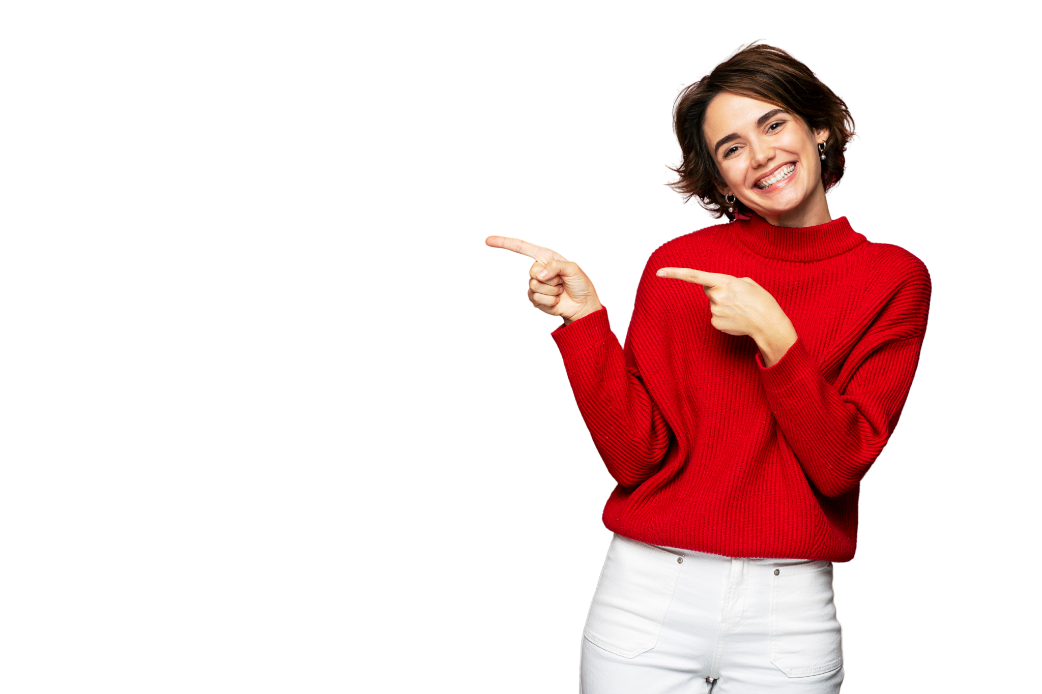 Woman in red sweater pointing - RedAI welcome